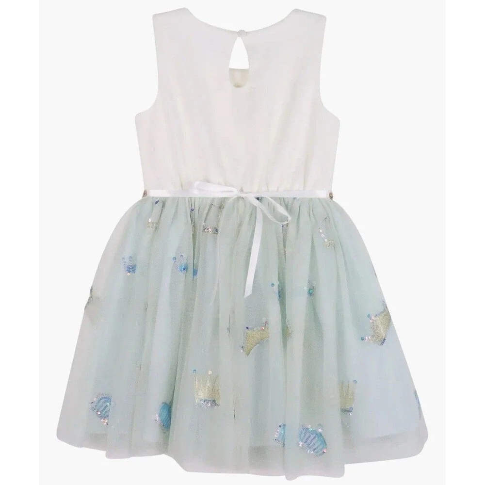 Zunie Girls Crown Sequin Sleeveless Tulle Dress In Cream & Mint Green Sz 6 New